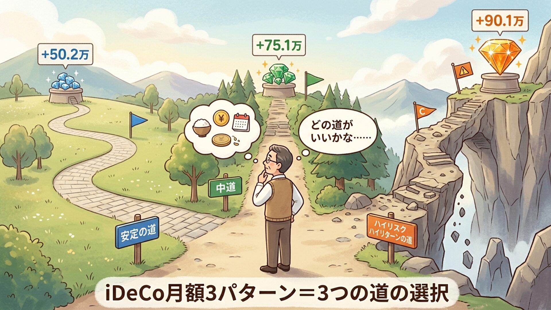 iDeCo月額3パターン＝3つの道の選択。安定の道・中道・ハイリスクハイリターンの道
