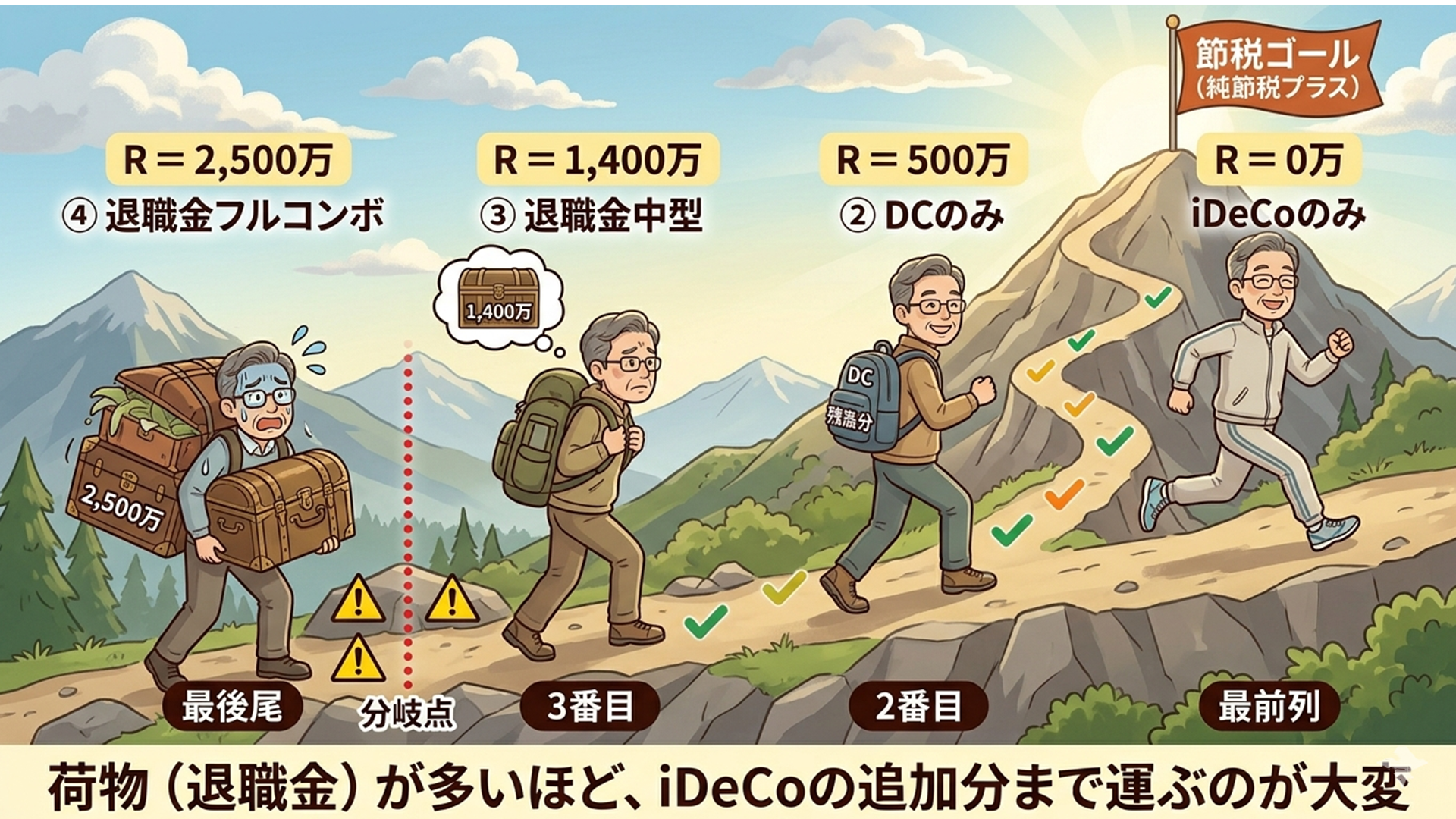 退職金が多いほど、iDeCoの追加分まで運ぶのが大変。4人の父さんが山登りで荷物の重さの違いを表現